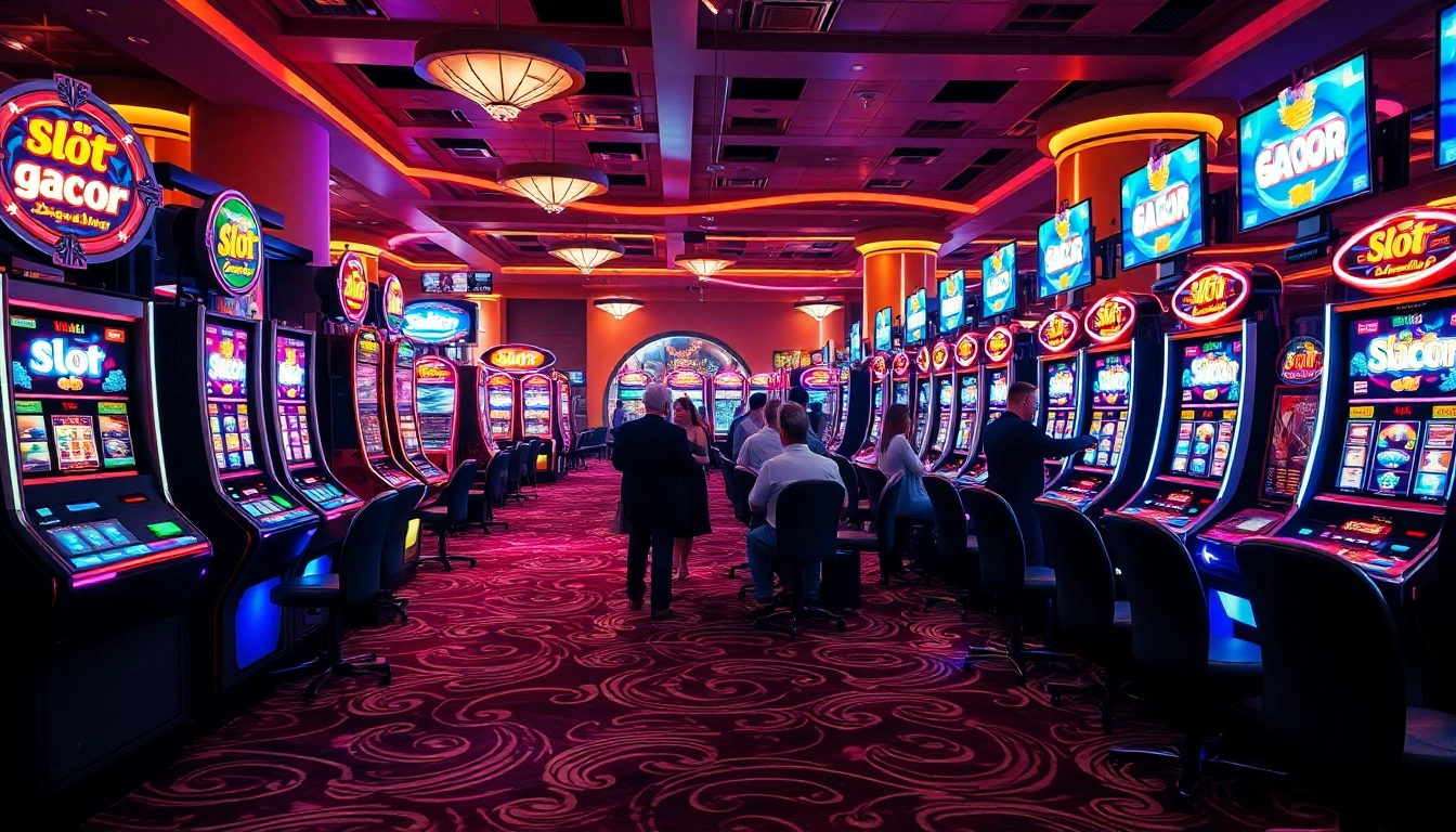 Exciting casino scene featuring slot gacor machines with players celebrating wins.