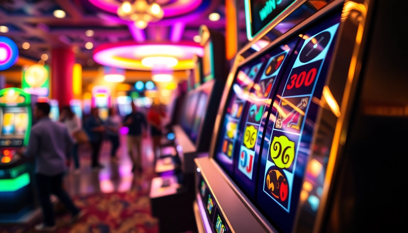 Putar slot machine yang berwarna-warni di kasino dengan suasana yang ceria.