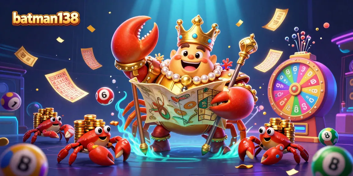 Engage in thrilling gaming with batman138, featuring a vibrant crab emperor illustration amidst casino elements.