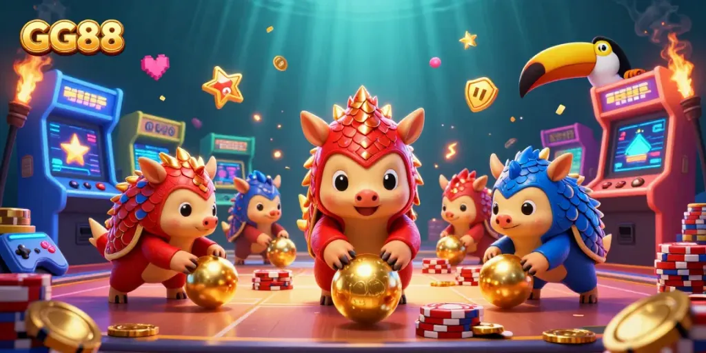 Experience the excitement of GG88 as rival pangolins roll through golden casino chips in a vibrant gaming scene.