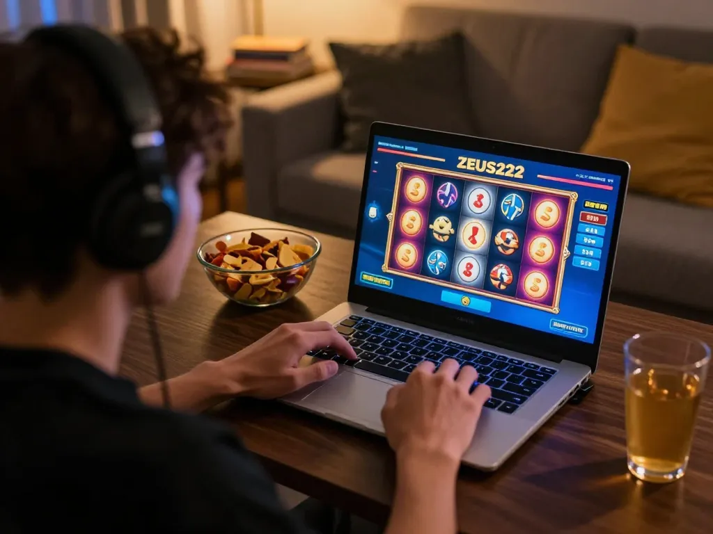 Player enjoying ZEUS222 slot game on laptop, immersed in online gaming.