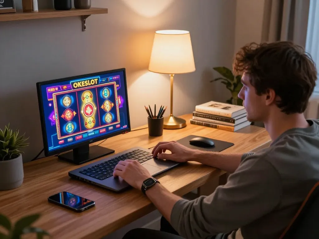 Player enjoying OKESLOT gameplay on a laptop, displaying colorful slots in a cozy gaming setup.