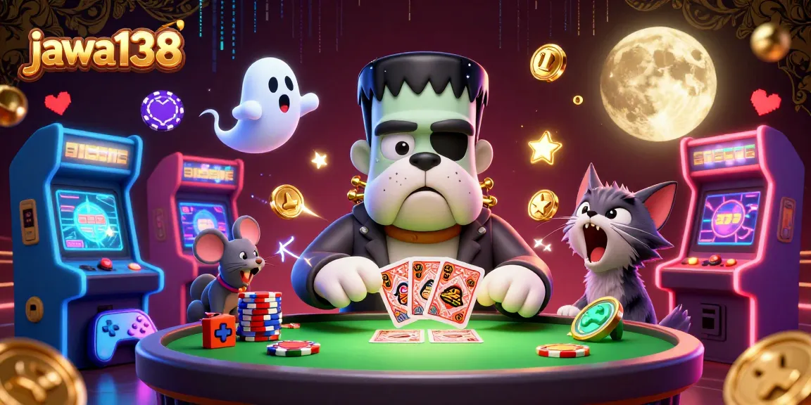 Permainan kartu seru di JAWA138 oleh monster bulldog dan kucing werewolf, semua dalam suasana kasino yang menegangkan.