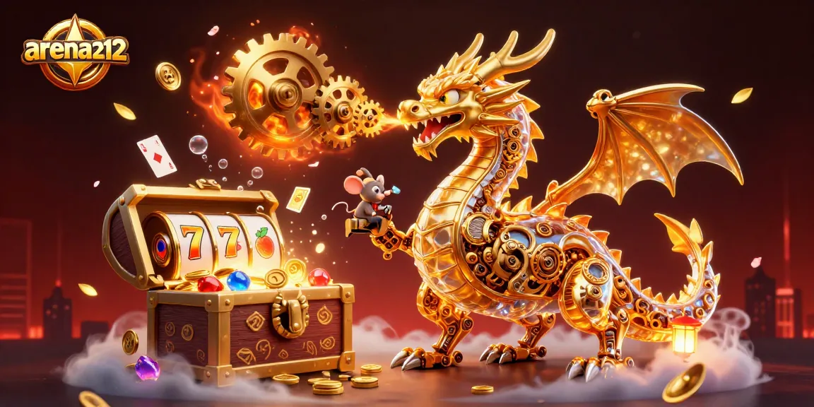 arena212 menghadirkan suasana kasino dengan naga emas, peti harta karun, dan simbol slot menarik.