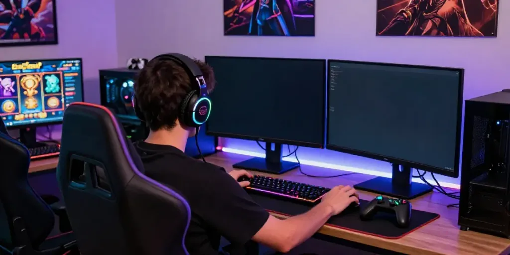 Gamer menikmati permainan slot gacor dengan fokus dan suasana modern.
