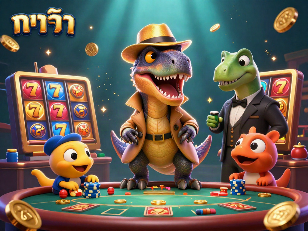 Engage in thrilling บาคาร่า action with a velociraptor card counter at a busy slot table