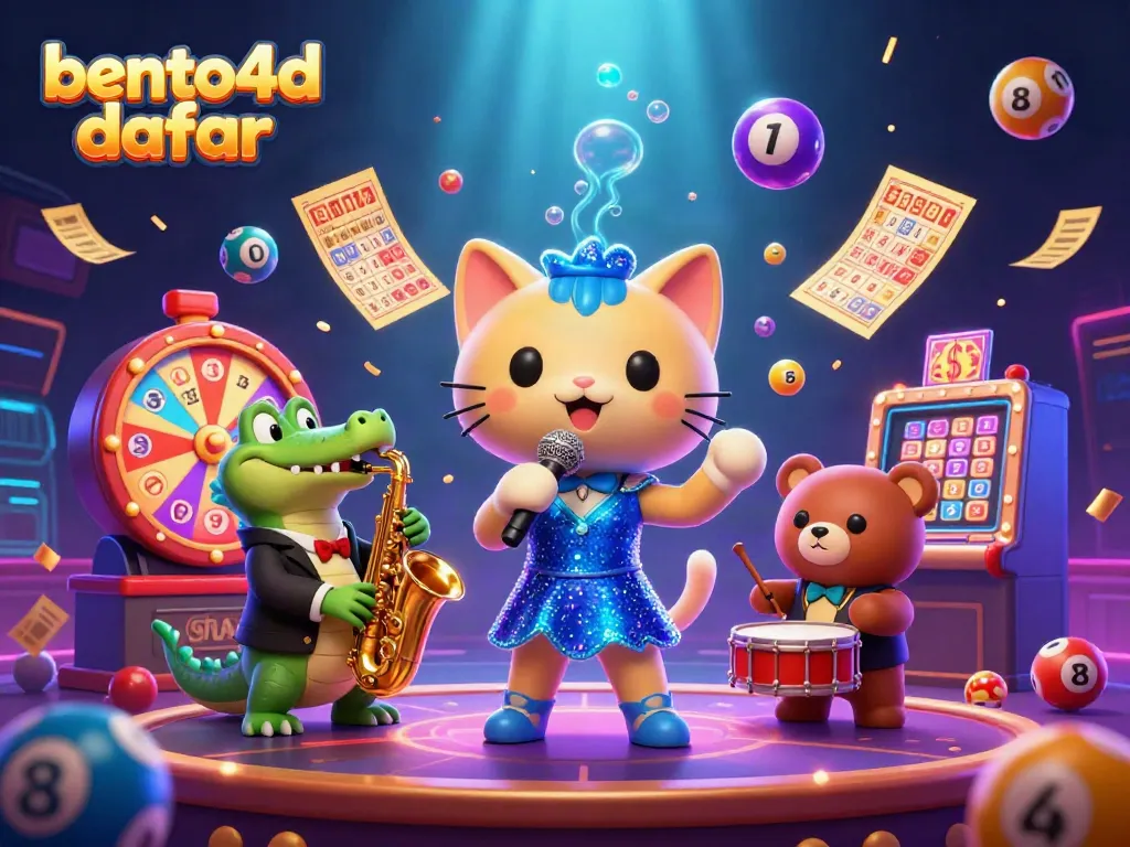 Experience excitement at bento4d daftar with a jazz-singer cat, lively characters, and vibrant game elements.
