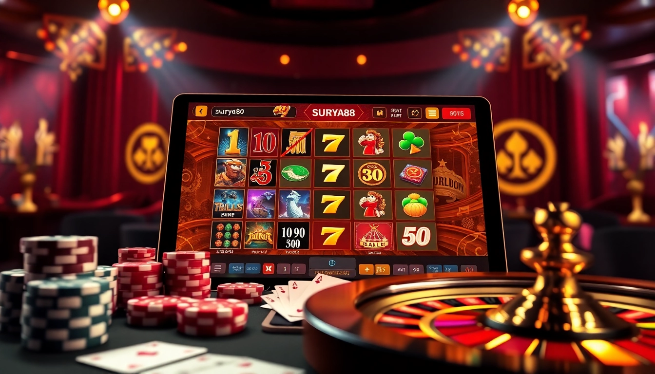 SURYA88 alternatif presents a modern online casino gaming experience with slot games, chips, and cards.