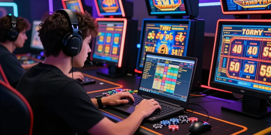 Pengguna Situs LUXURY777 bermain game slot online dengan antusias, dikelilingi peralatan permainan modern dan tampilan visual yang menarik.