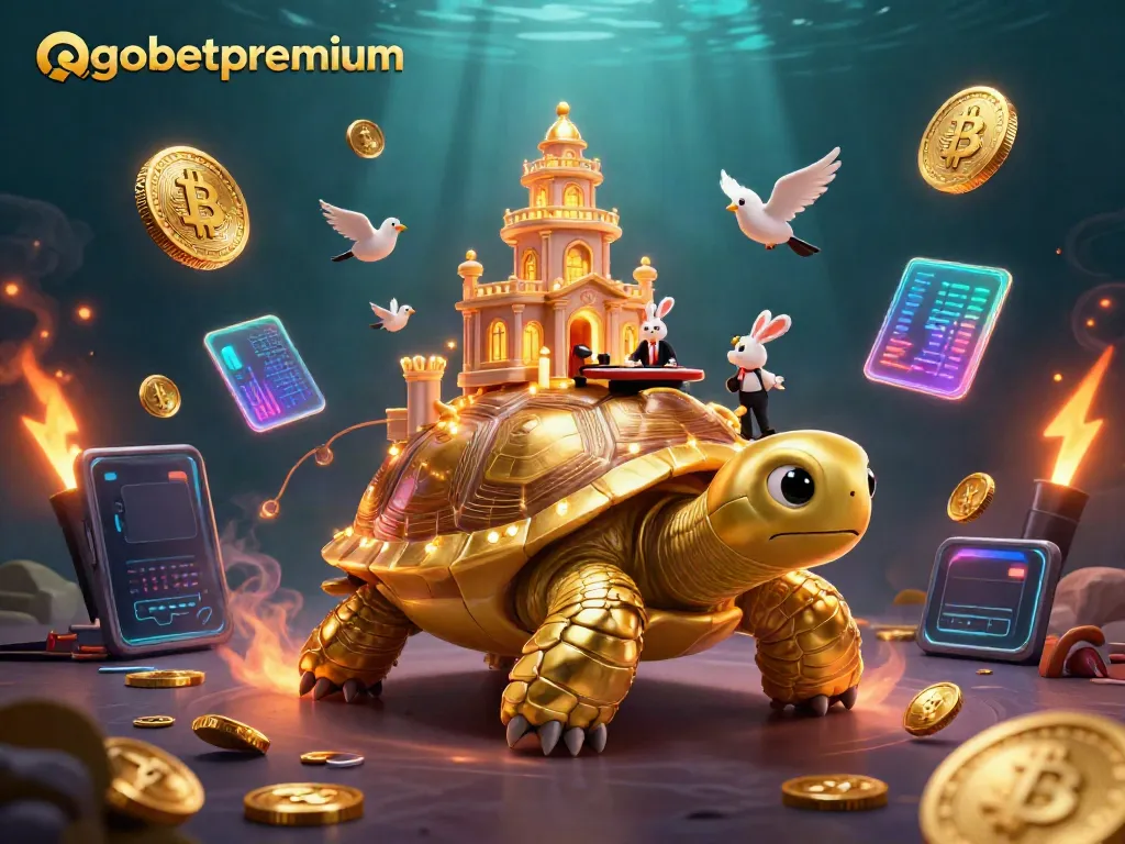Play with qqgobetpremium's thrilling 3D illustration of a golden tortoise casino surrounded by vibrant crypto elements.