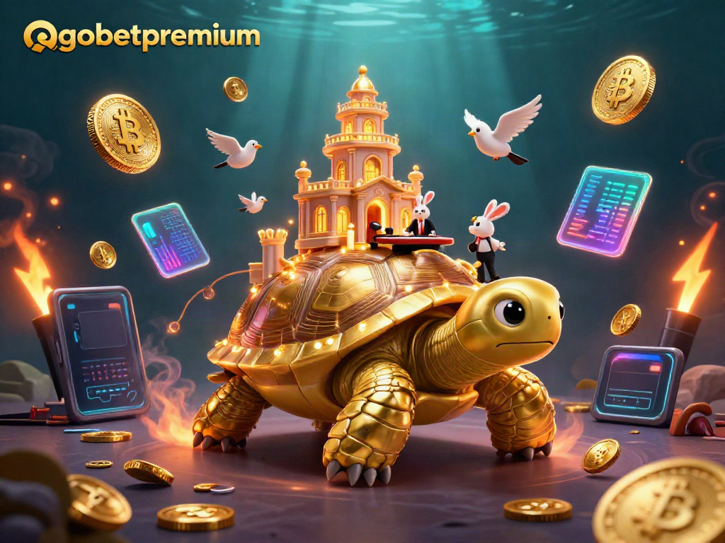 Play with qqgobetpremium's thrilling 3D illustration of a golden tortoise casino surrounded by vibrant crypto elements.