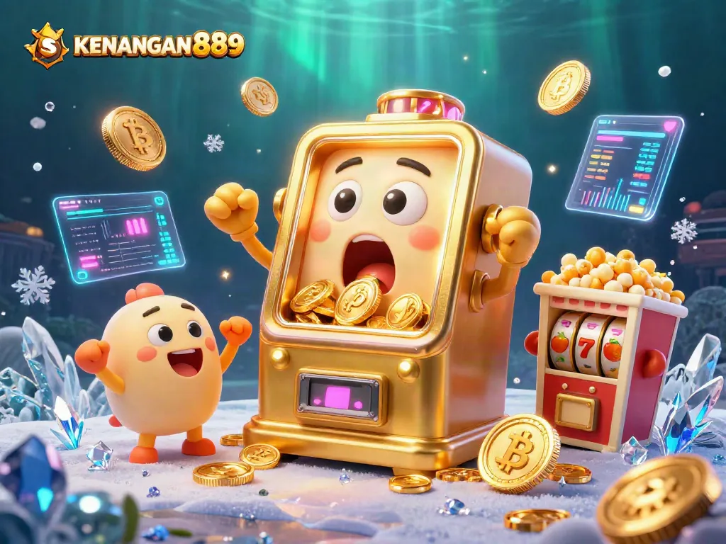 KENANGAN889 slot machine hitting a jackpot amid coins pouring, cheer from baby slots.
