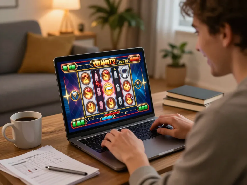 Engaged player enjoying slot gacor gameplay on a laptop at home, showcasing excitement in online gambling