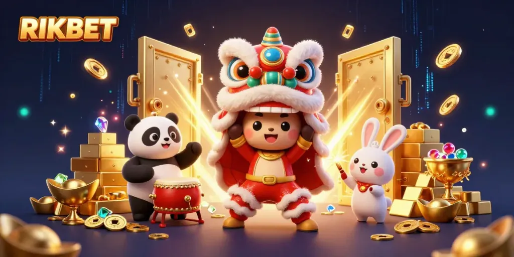 Experience rich gaming adventures with RIKBET in a vibrant casino scene featuring festive characters.