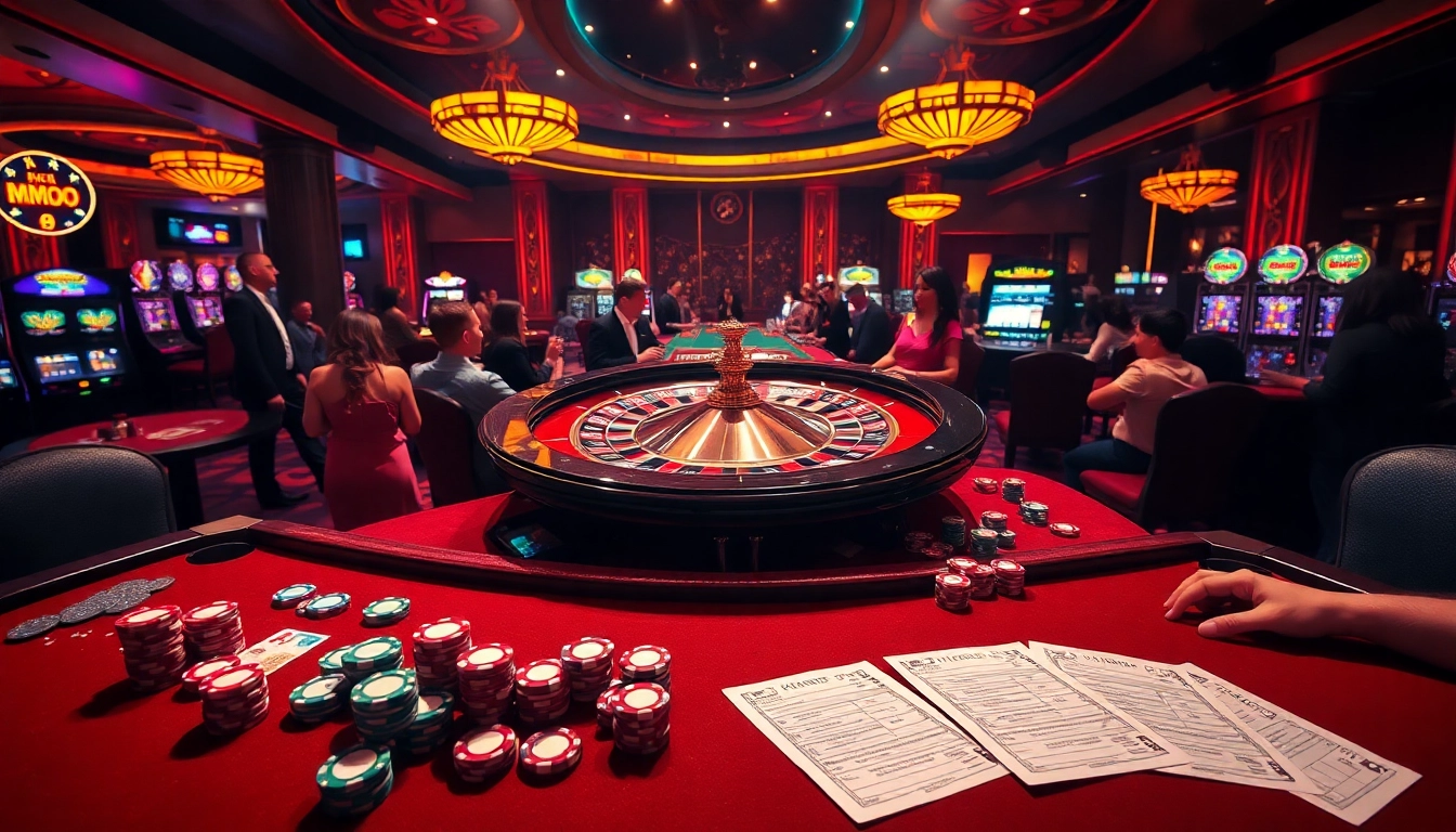 Exciting casino action at trang chủ MMOO with vibrant tables, roulette wheel, and engaging players.