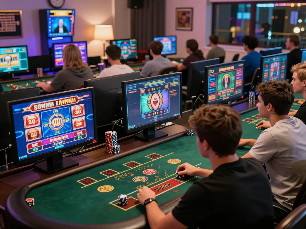 Players enjoying online casino games at 78win, strategically managing bets in vibrant gaming setting.
