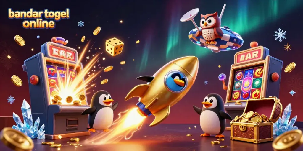 Gambar bandar togel online dengan penguin emas terbang menuju stasiun kasino, dikelilingi simbol permainan yang meriah.