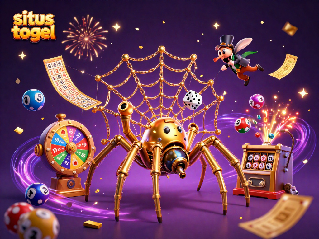 Gambar situs togel yang menampilkan laba-laba steampunk menciptakan jaring emas di dunia lotere yang meriah.