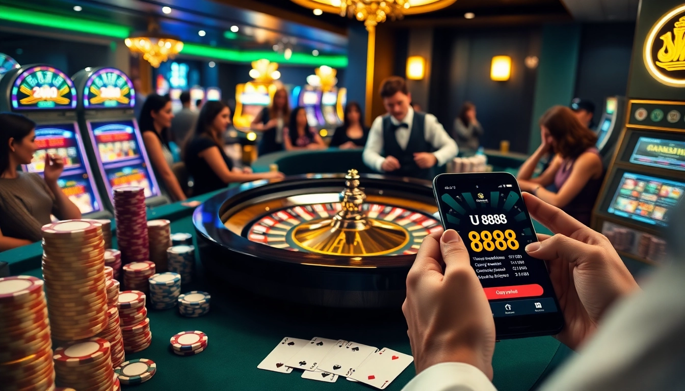 Experience high-stakes gaming excitement with U 888 at a luxurious casino table featuring roulette and poker chips.