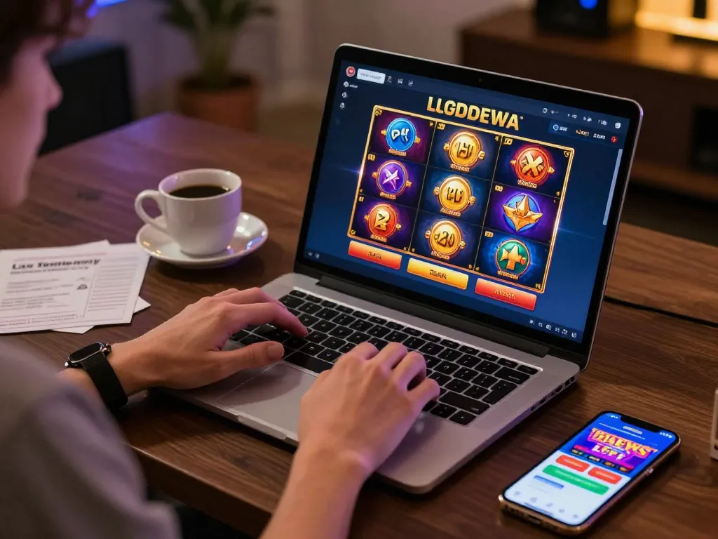 Player immersing in LGODEWA online slots experience with vibrant interface at home.
