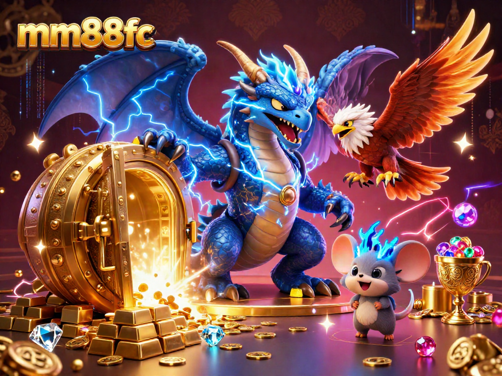 Engage with mm88fc's thrilling casino adventure, featuring a vibrant thunder dragon amidst treasures.
