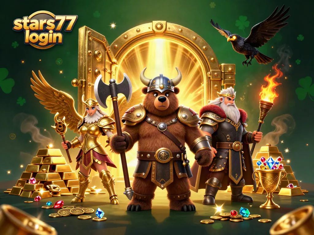 Masuk ke permainan menarik di stars77 login dengan gambar berkilau harta emas dan karakter kuat.