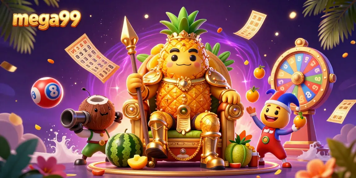 Experience the excitement of mega99 with a vibrant golden pineapple king in a dynamic casino scene.