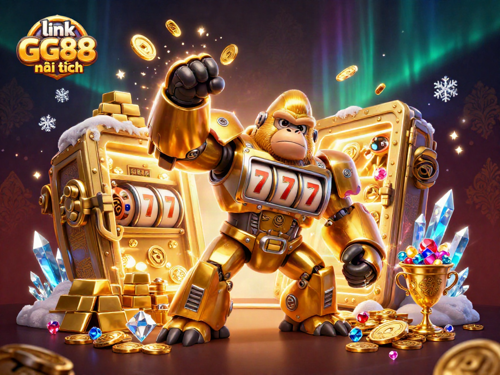 Spin for jackpots with link GG88 mới nhất featuring a golden gorilla mech and treasure elements.