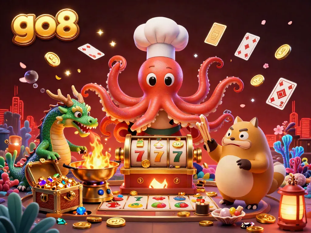 Engage in thrilling gameplay at go8 with a sushi chef octopus preparing slot symbols in an exciting casino scene.