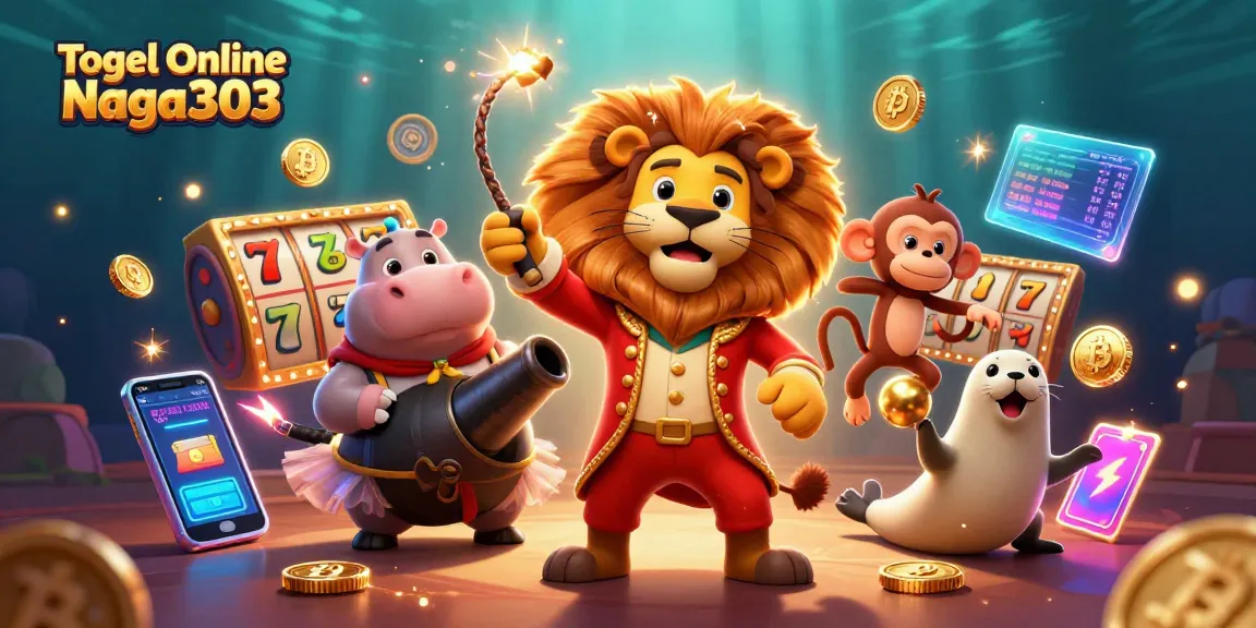 Togel Online Naga303 showcases a vibrant 3D circus theme with slot reels and captivating casino characters.