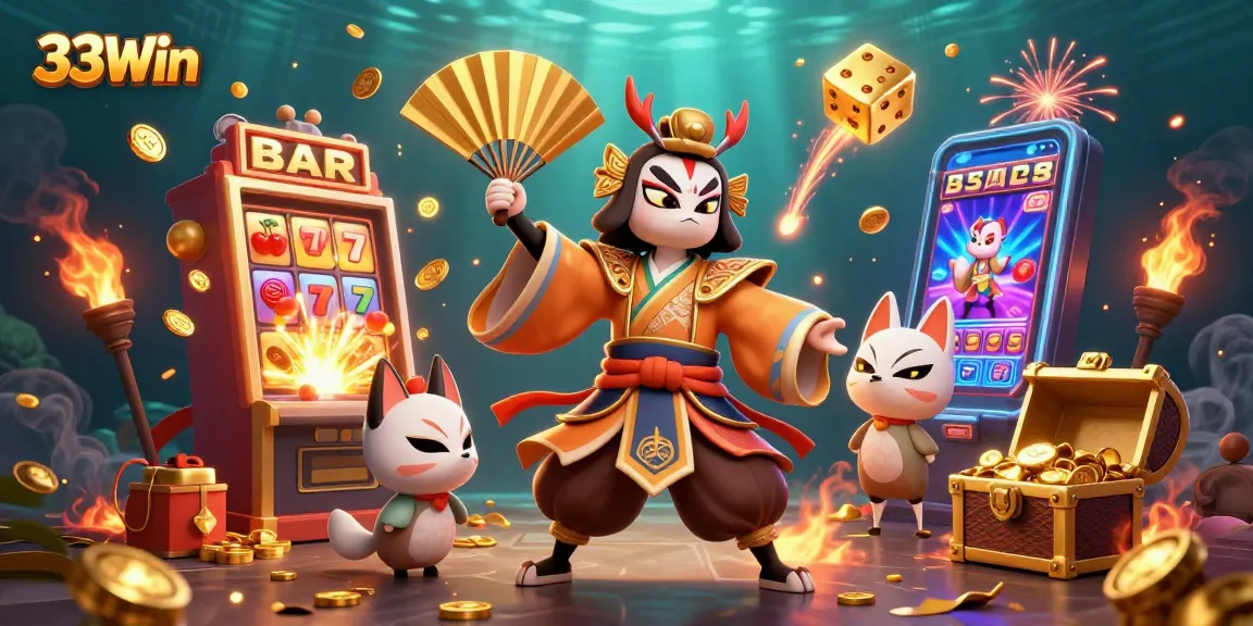 Experience the thrill of 33Win’s jackpot with animated characters celebrating amidst coins and game elements.