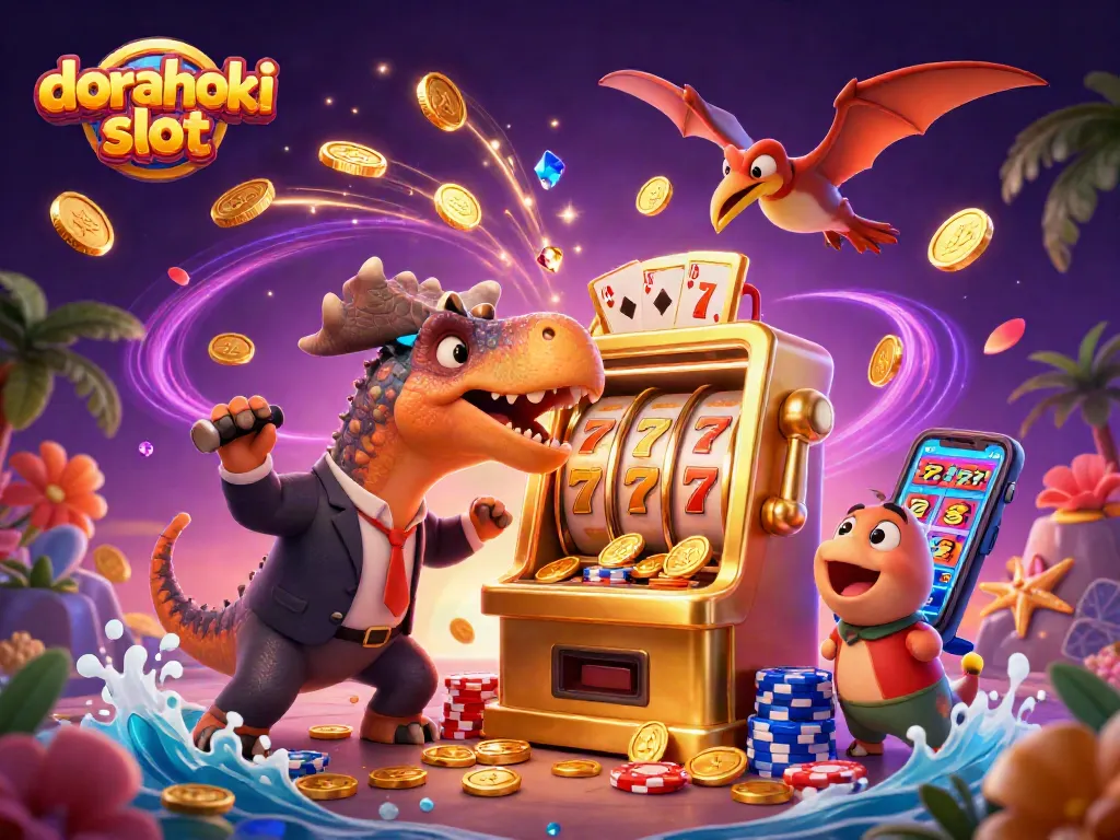 Dorahoki slot menampilkan pachycephalosaurus yang memukul mesin slot emas, manajer kasino panik, dan pteranodon menangkap koin emas terbang.