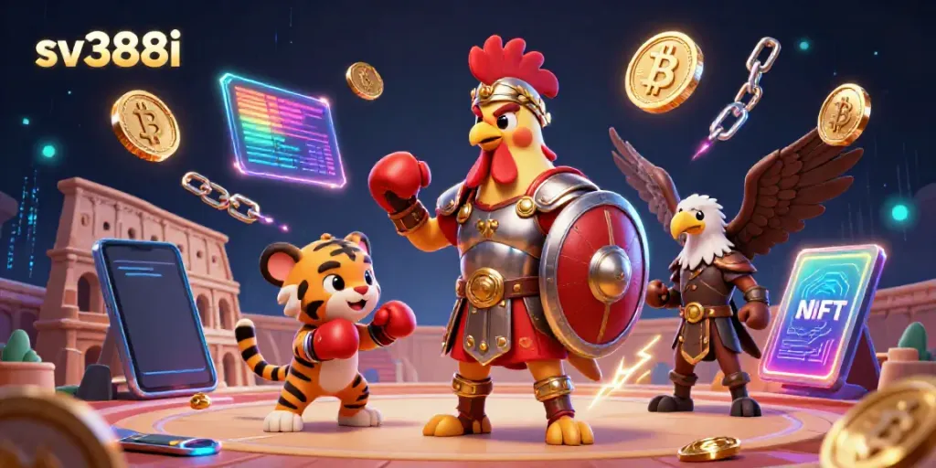 Bet big at sv388i with a vibrant 3D cartoon scene including a gladiator rooster and crypto coins.