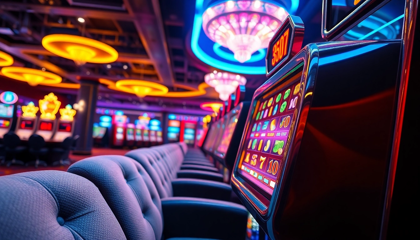 Slot menarik dengan gulungan berwarna cerah di kasino yang ramai.