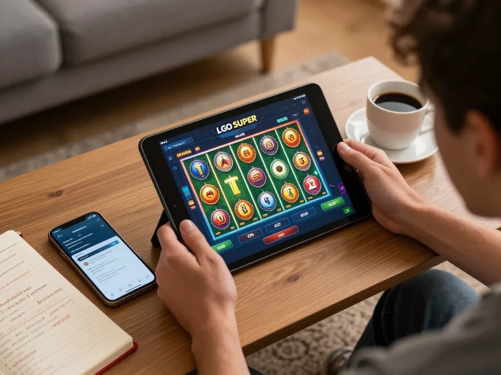 Engaging player focused on LGO SUPER online slot games on tablet in cozy home setting.
