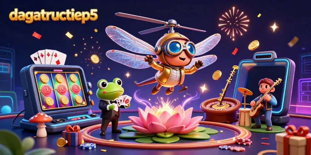 Experience the vibrant excitement of dagatructiep5 with a lively casino scene featuring characters and game elements.