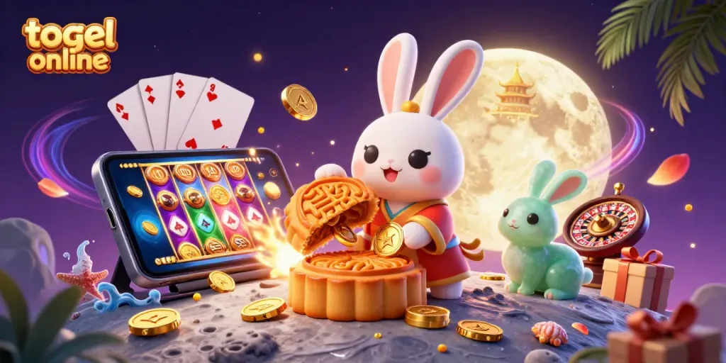 Visualisasi menarik togel online dengan kelinci bulan dan elemen perjudian berwarna-warni yang menggugah.
