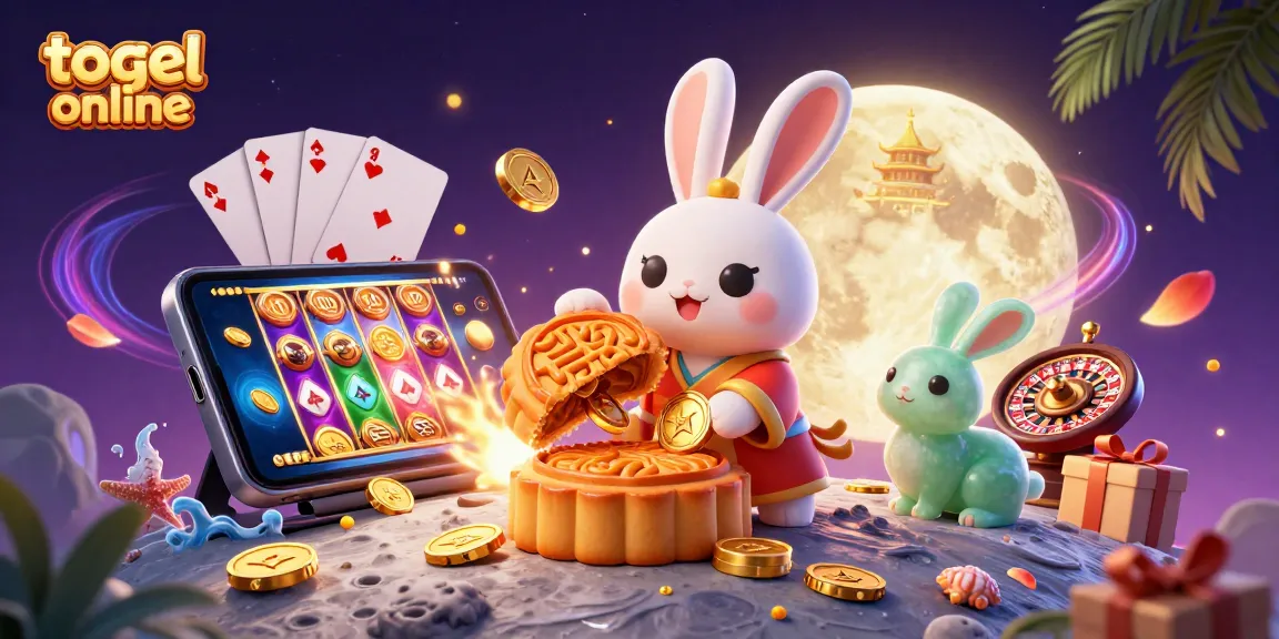 Visualisasi menarik togel online dengan kelinci bulan dan elemen perjudian berwarna-warni yang menggugah.