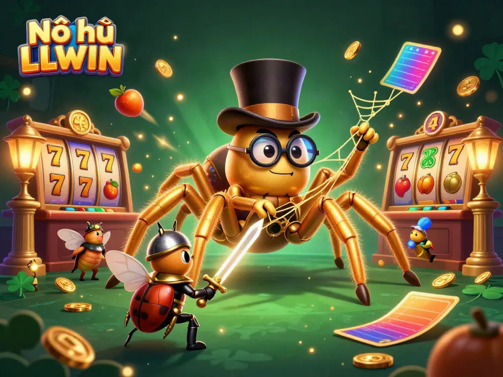 Engage in Nổ hũ LLWIN with jackpot slots, golden spider, and a beetle knight amidst dynamic casino elements
