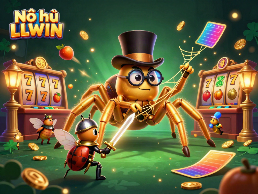 Engage in Nổ hũ LLWIN with jackpot slots, golden spider, and a beetle knight amidst dynamic casino elements