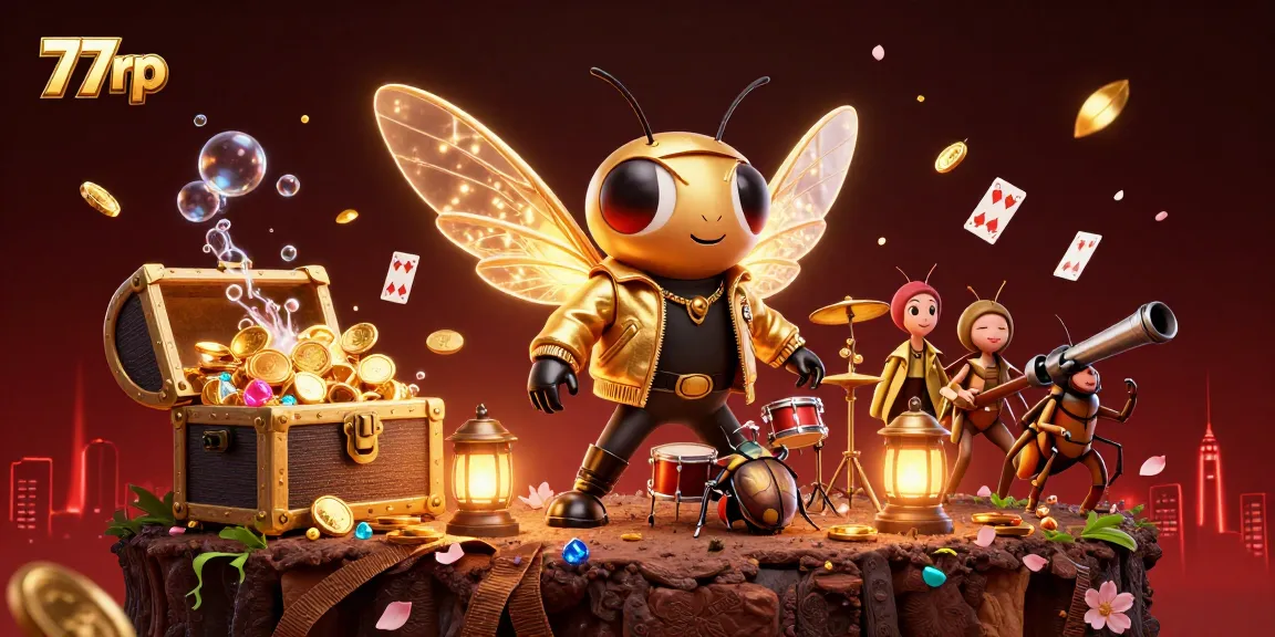 Engage in thrilling gaming experiences with 77rp's vibrant casino environment featuring a rock star cicada.