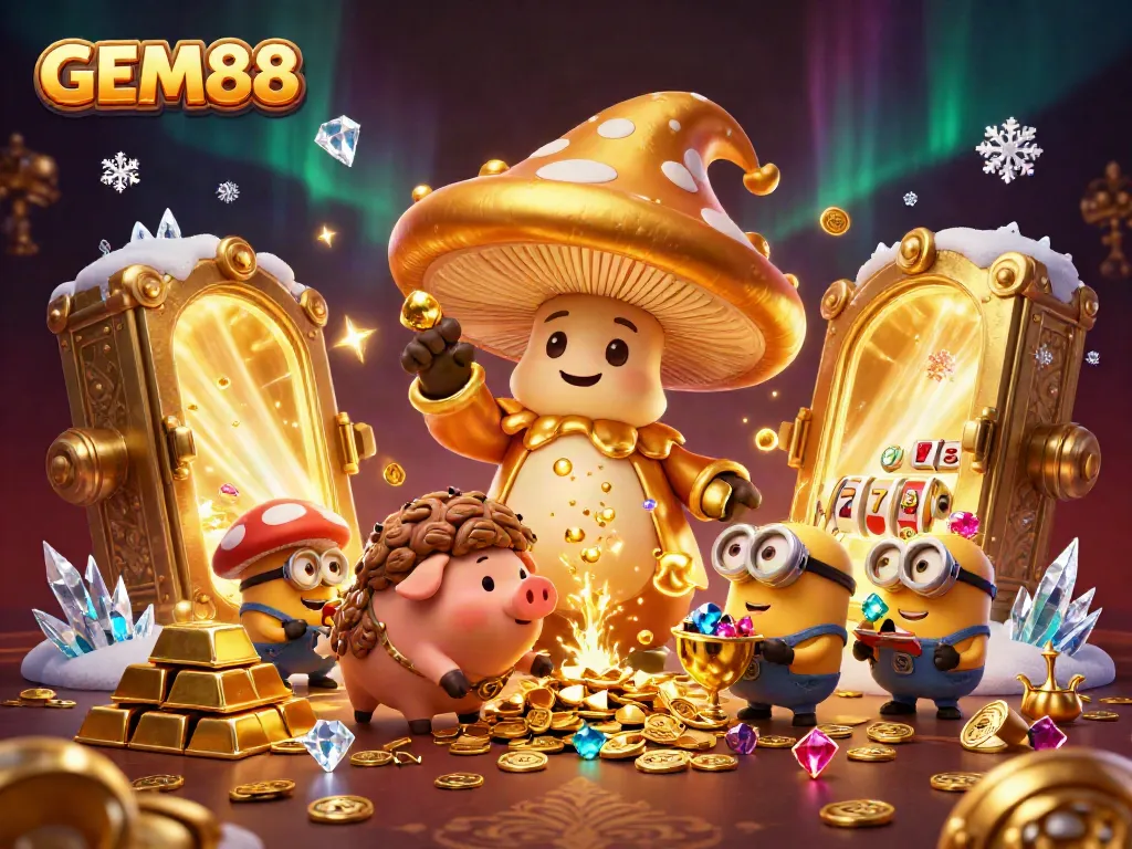 Experience the enchanting GEM88 world with a golden wizard and treasure amidst casino delights.