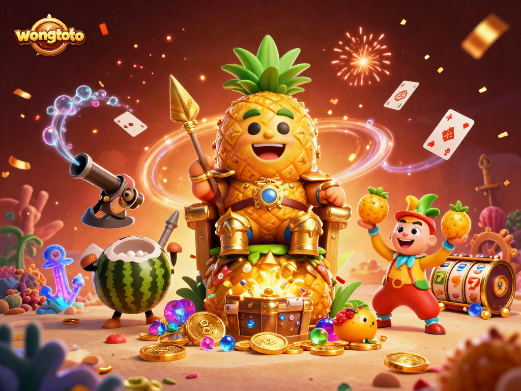 Engage with wongtoto in this vibrant 3D casino scene featuring a pineapple king amidst games and treasures.