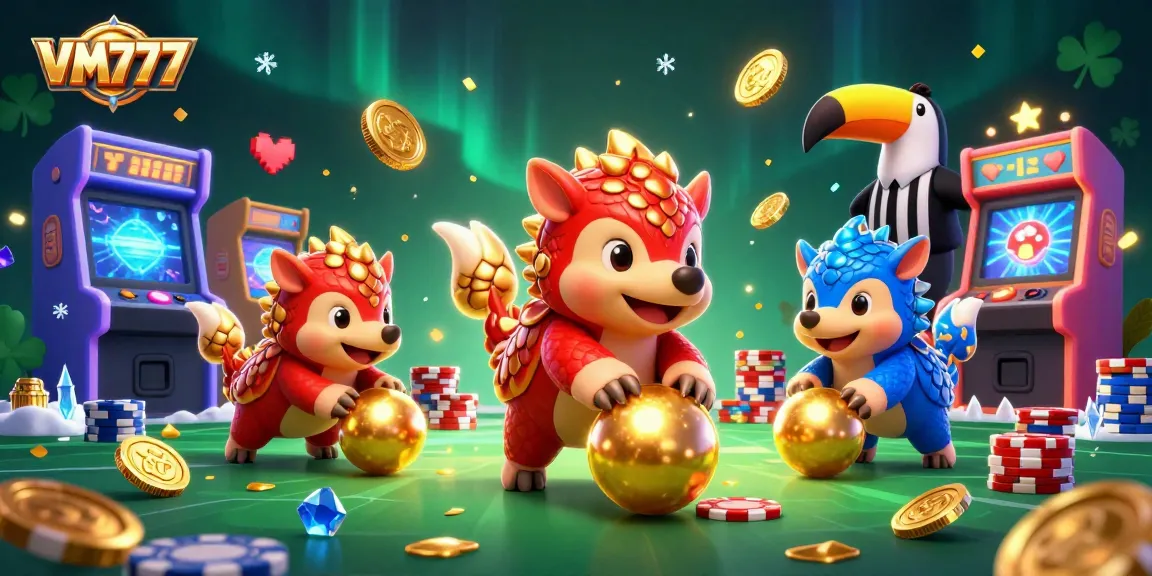 VM777's vibrant gaming universe showcases pangolins bowling through poker chips amidst colorful arcade action.