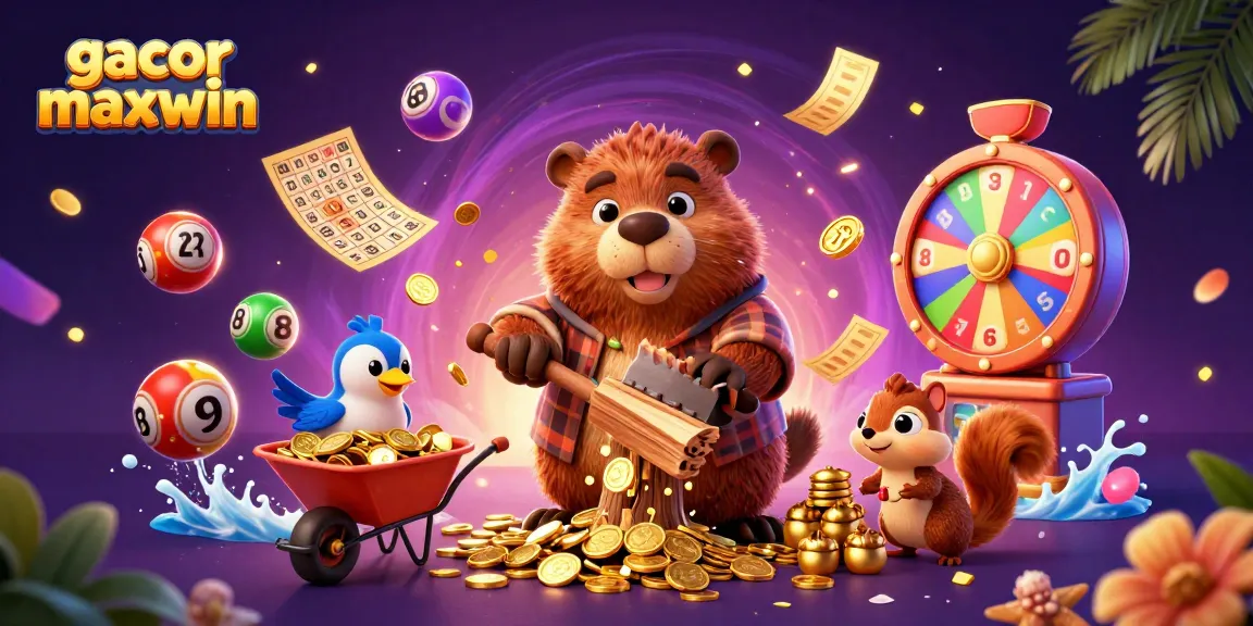 Experience gacor maxwin action in a colorful scene filled with winning slots and golden coins raining down.