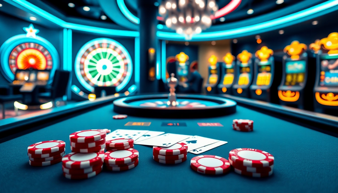 Play poker online in a luxurious digital casino setting featuring vibrant poker tables and chips.