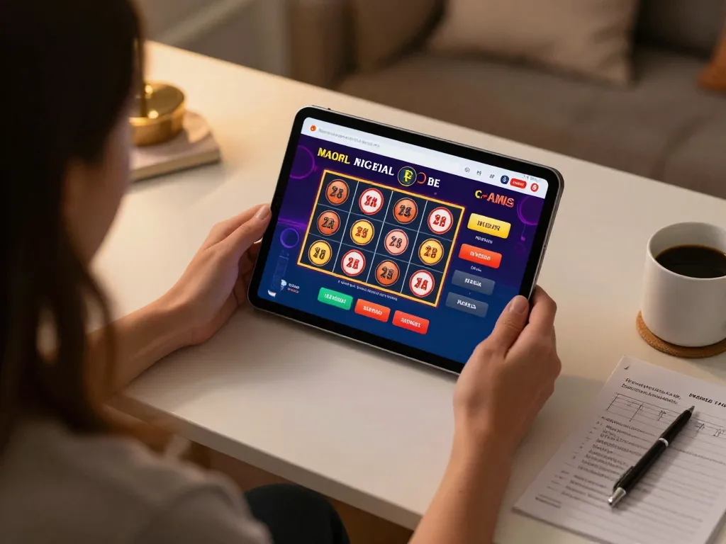 Engaging online gaming session on tablet showcasing UG DEWA with vibrant slot visuals and strategies.