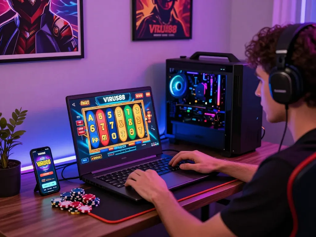 Pemain menikmati permainan slot online VIRUS88 dengan grafik yang cerah dan suasana permainan yang menarik.