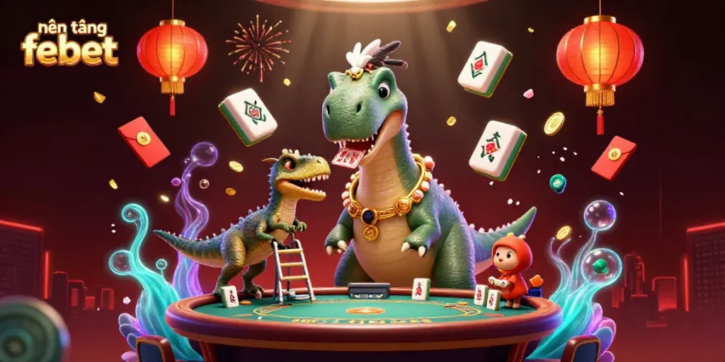Experience the vibrant energy of nền tảng febet with dazzling casino elements and characters in this 3D illustration.