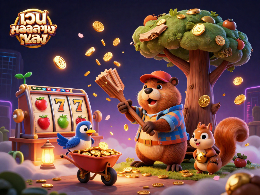 Engage in เว็บสล็อตตรง gaming fun with a beaver and friends collecting coins amidst colorful slot game elements.
